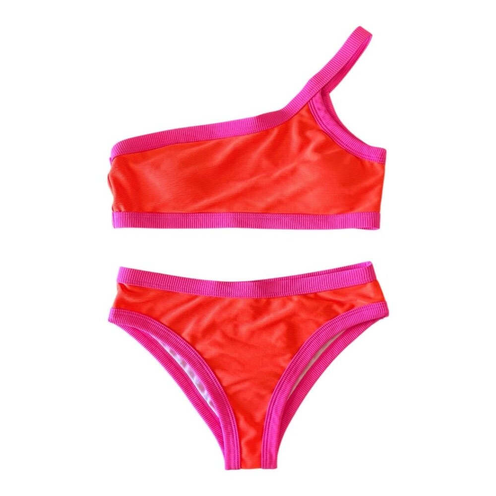Pink & Orange Ribbed 2 Piece Bikini Swimsuit XS One Shoulder Strap Top EUC